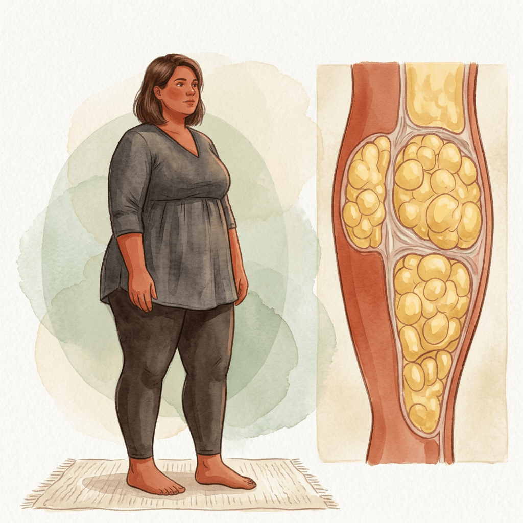 Comparison of lipoedema leg tissue showing diseased fat and fibrosis versus normal fat with key symptoms and management advice.